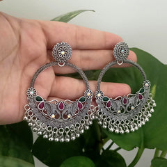 "Chaand Baaliyan" Elephant Design Pink & Green Stone Oxidised Silver Earrings