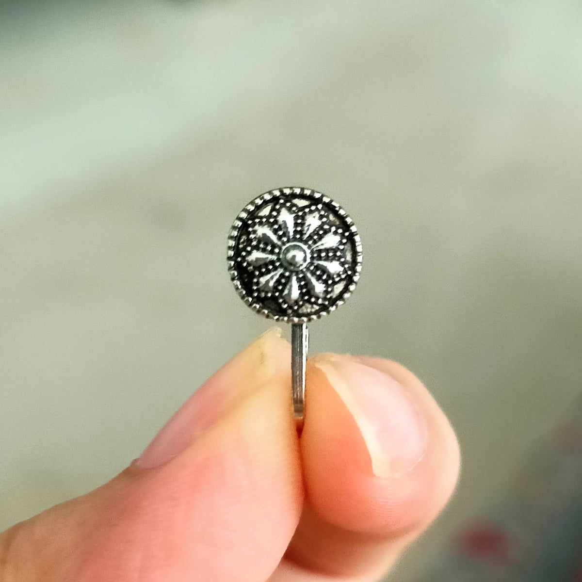 Round Shape Flower Engraved Silver Oxidized Adjustable Nosepin