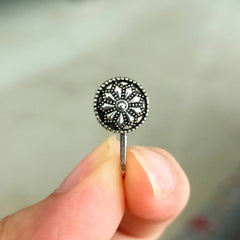 Round Shape Flower Engraved Silver Oxidized Adjustable Nosepin