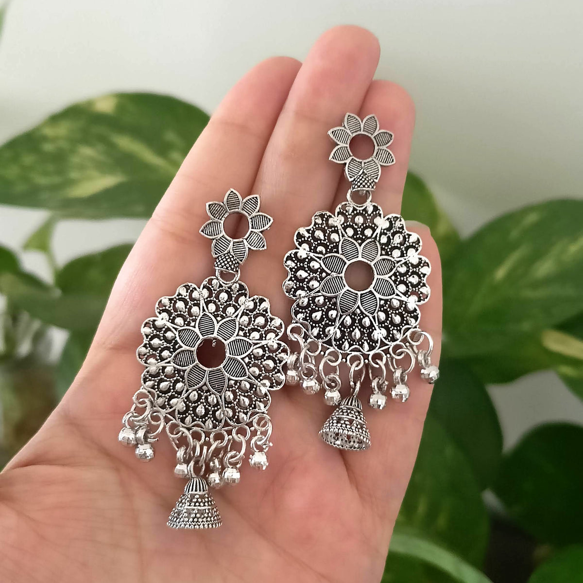 Drop Jhumka Flower Design Oxidised Silver Trending Earrings