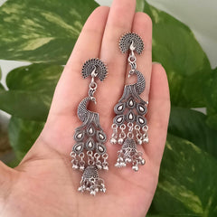 Beautiful Peacock Drop Jhumka Oxidised Silver Trending Earrings