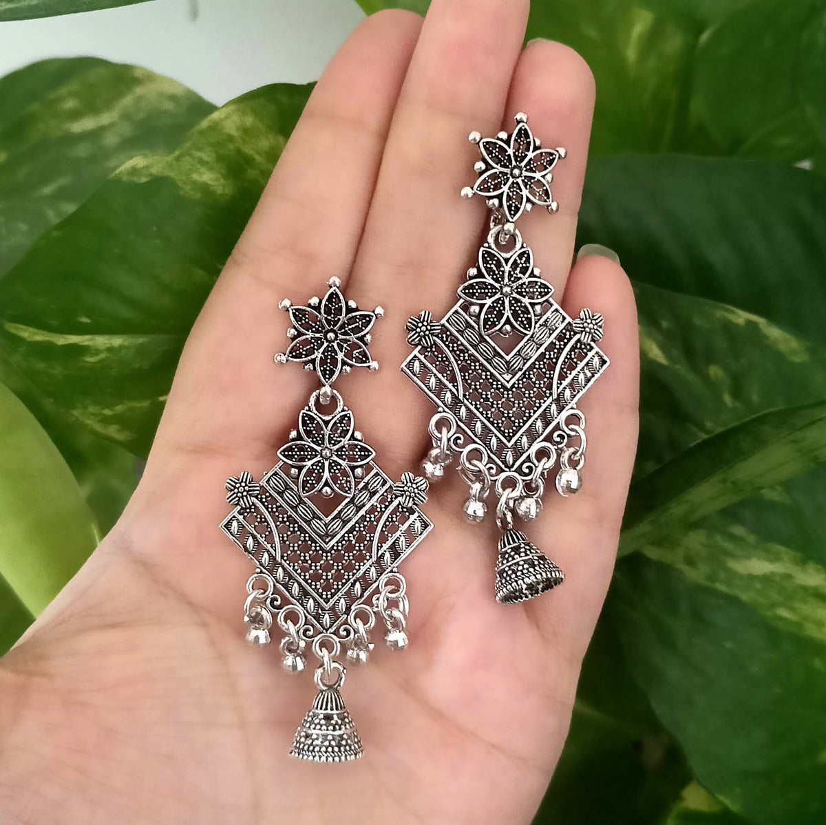 Bollywood Flower Design Drop Jhumka Oxidised Silver Trending Earrings