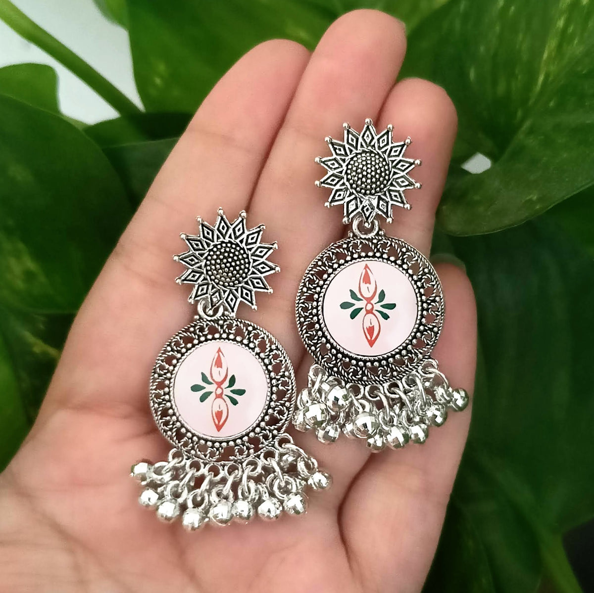 Beautiful Design Sticker Round Oxidised Silver Trending Earrings