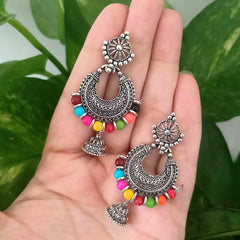 Multicolor Beads Chaandbali Jhumka Oxidised Silver Trending Earrings
