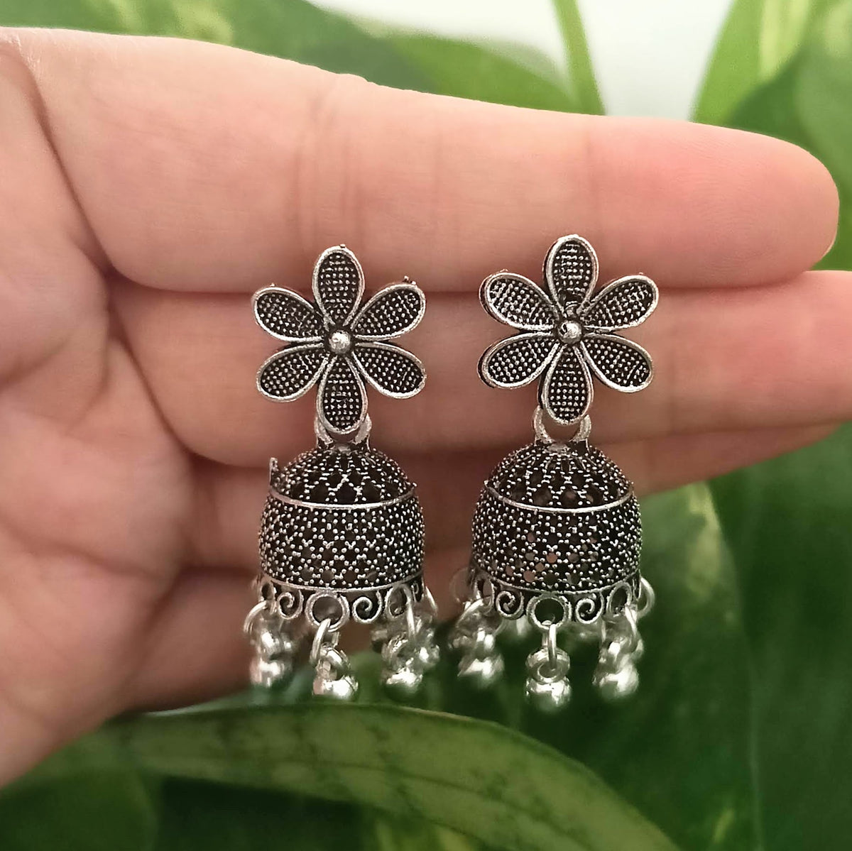 Flower Shape Jhumka Oxidised Silver Trending Earrings