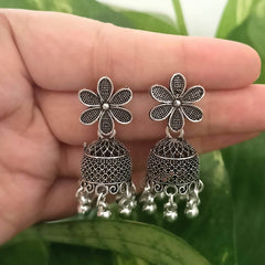 Flower Shape Jhumka Oxidised Silver Trending Earrings