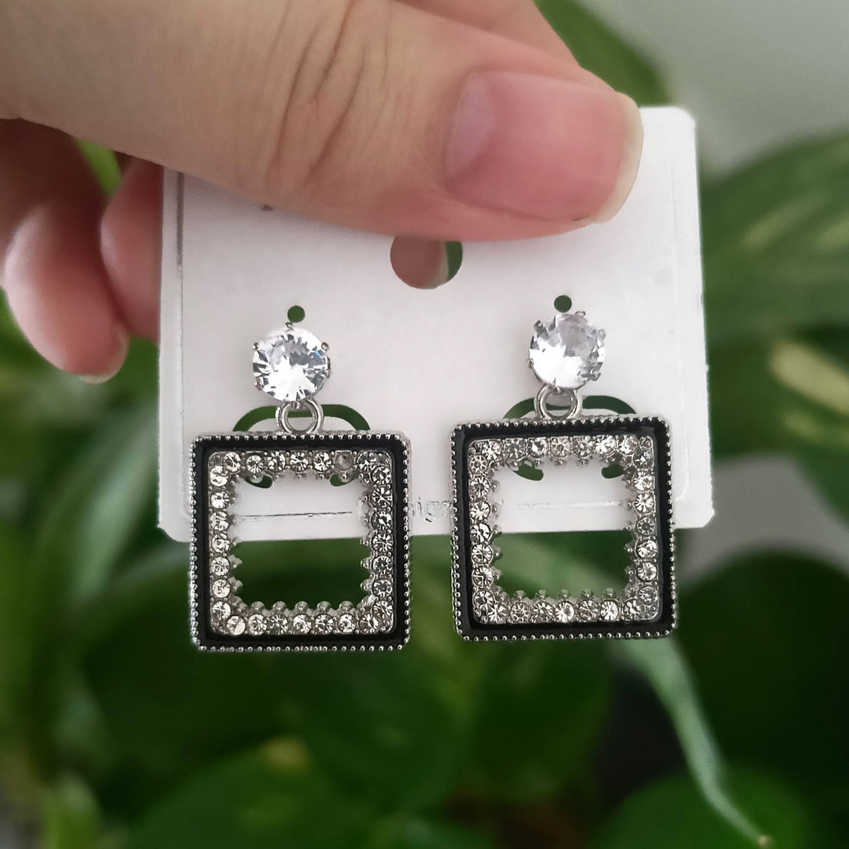 Rectangle Shape Black Stone Studded Fashion Korean Earrings
