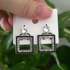 Rectangle Shape Black Stone Studded Fashion Korean Earrings