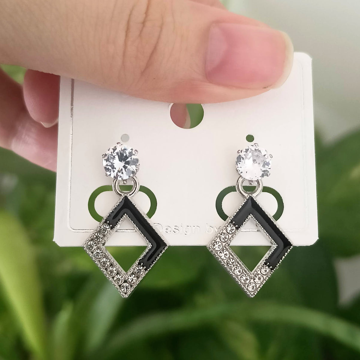 Diamond Shape Black Stone Studded Fashion Korean Earrings