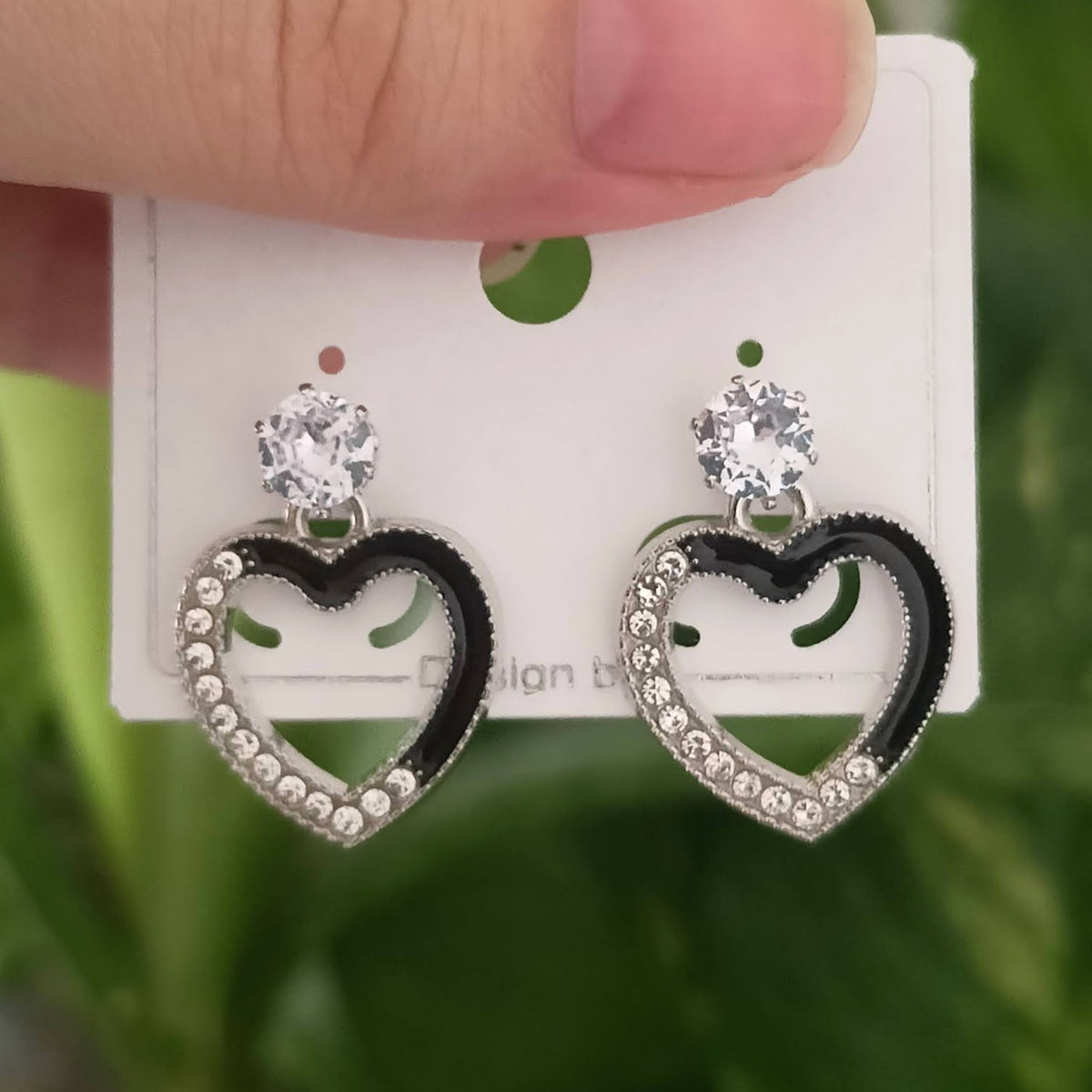 Heart Design Black Stone Studded Fashion Korean Earrings