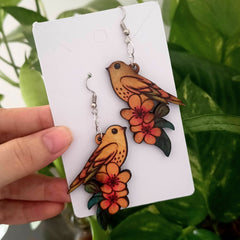 Bird Sitting on Flowers Wooden Beautiful Earrings