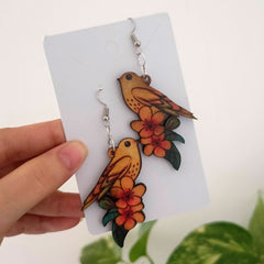 Bird Sitting on Flowers Wooden Beautiful Earrings