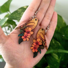 Bird Sitting on Flowers Wooden Beautiful Earrings