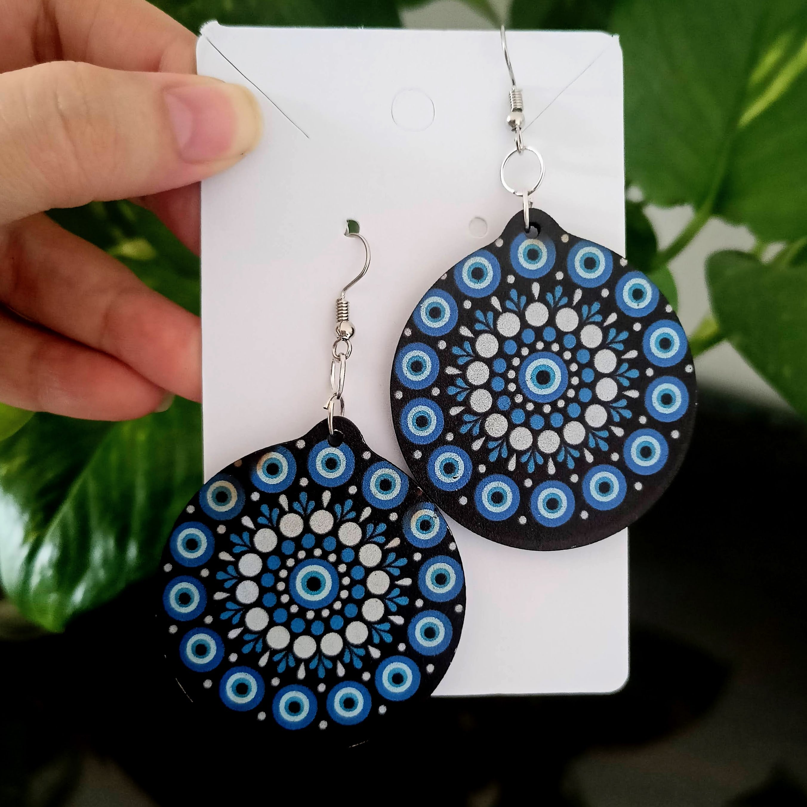 Evil Eye Mandala Print Round Wooden Beautiful Earrings