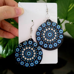 Evil Eye Mandala Print Round Wooden Beautiful Earrings