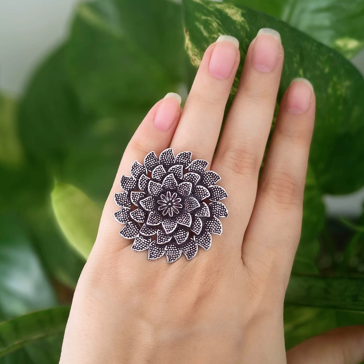 Flower Design Silver Oxidised Adjustable Beautiful Finger Ring