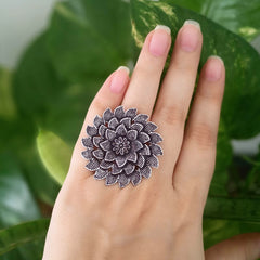 Flower Design Silver Oxidised Adjustable Beautiful Finger Ring