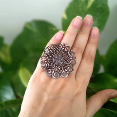 Big Flower Design Silver Oxidised Adjustable Beautiful Finger Ring