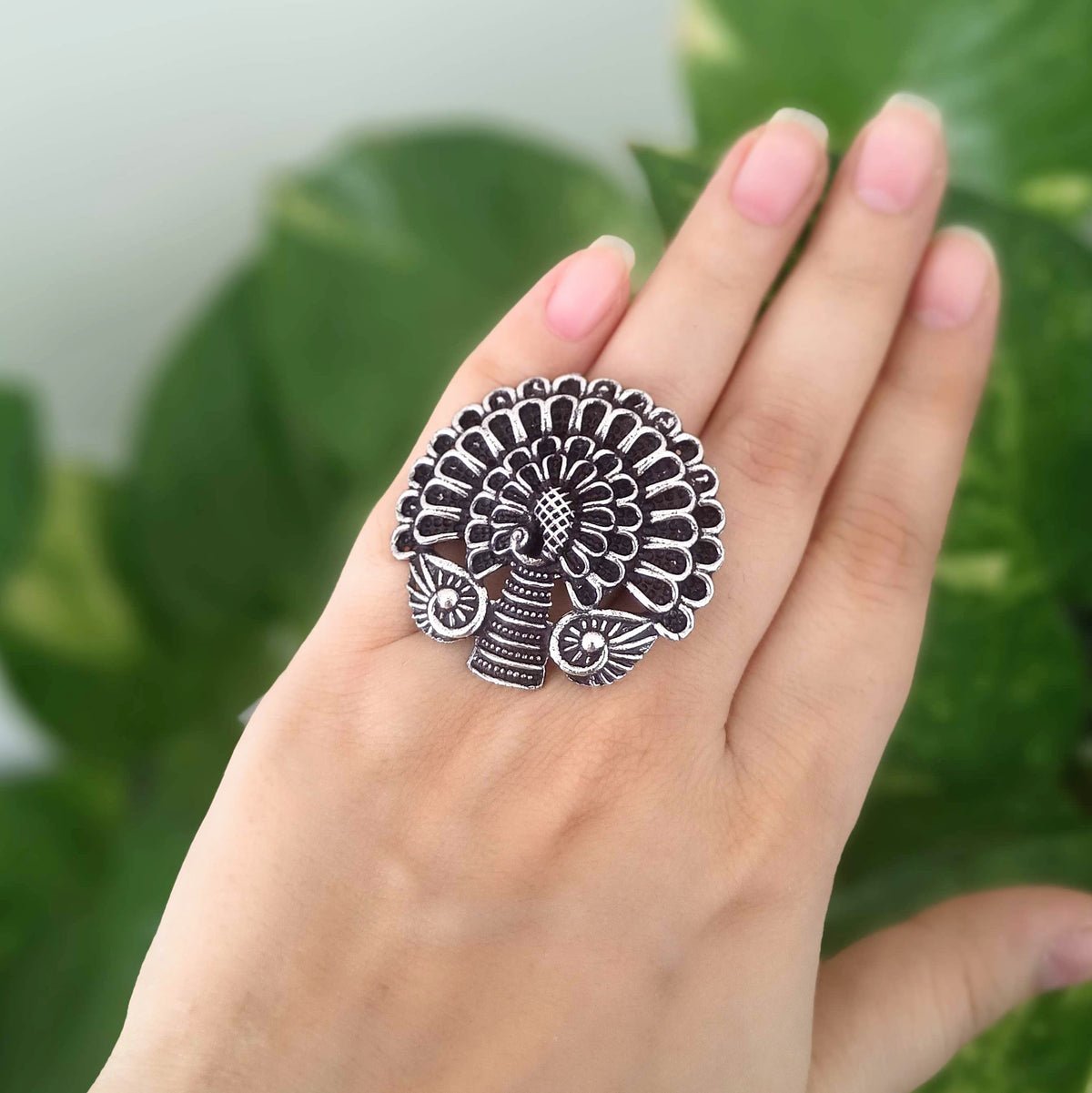 Peacock With Open Feather Silver Oxidised Adjustable Beautiful Finger Ring