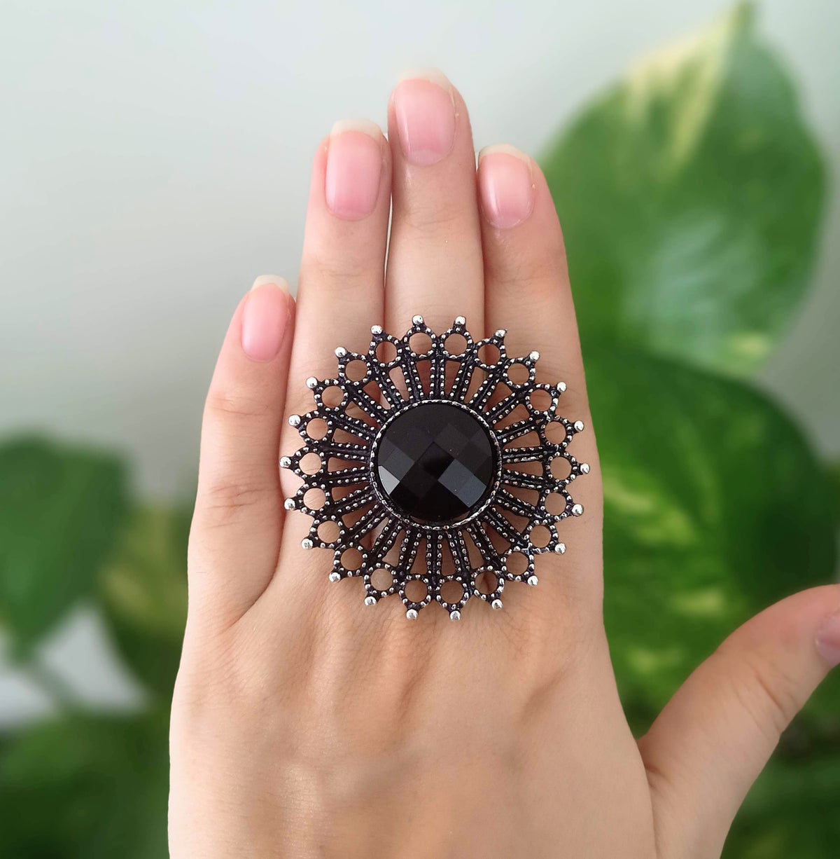 Black Stone Round Silver Oxidised Adjustable Beautiful Finger Ring