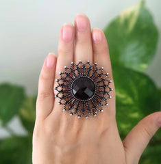 Black Stone Round Silver Oxidised Adjustable Beautiful Finger Ring