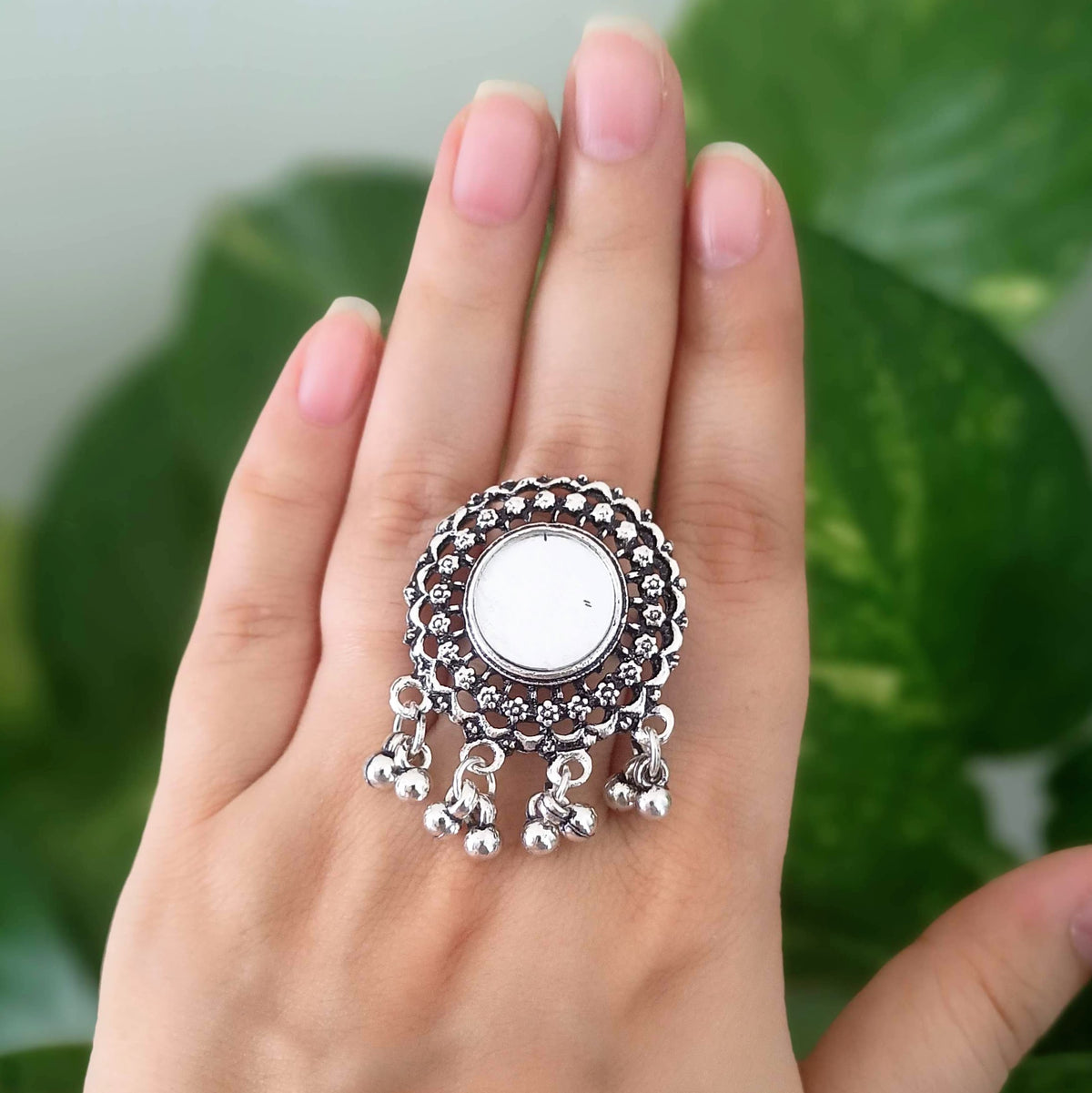 Mirror Round Drop Beads Silver Oxidised Adjustable Beautiful Finger Ring