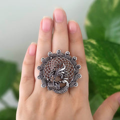 Peacock Design Silver Oxidised Adjustable Beautiful Finger Ring