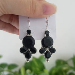 Black Stone Oxidised Silver Festive Earrings