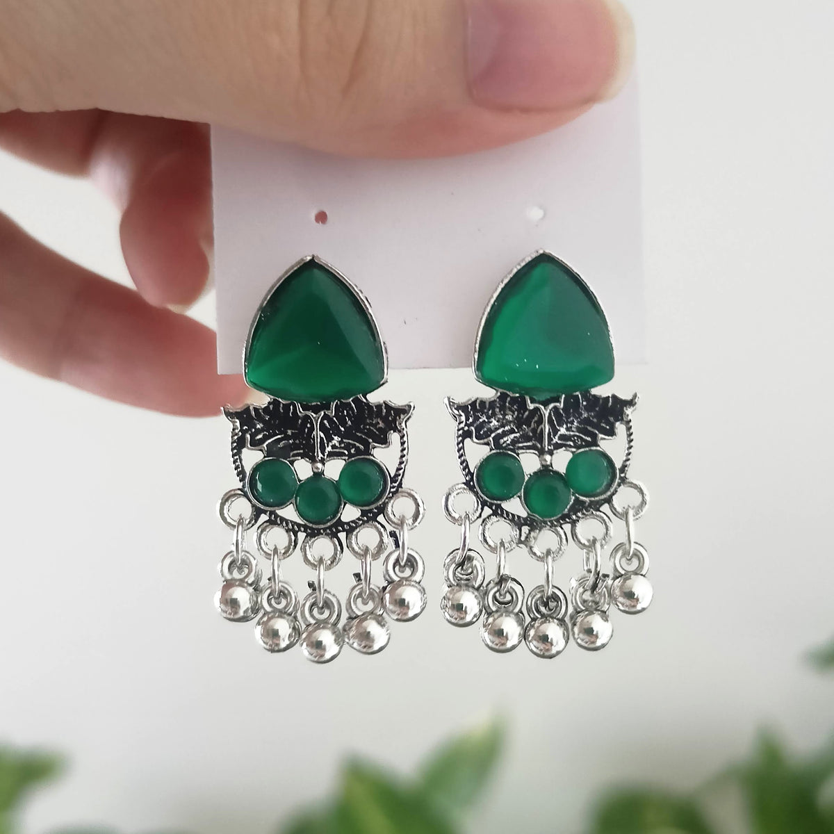 Green Stone Leafs Oxidised Silver Festive Earrings