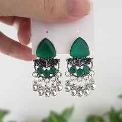 Green Stone Leafs Oxidised Silver Festive Earrings