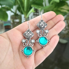 Blue Round Stone Tribal Oxidised Silver Earrings