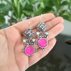 Pink Round Stone Tribal Oxidised Silver Earrings