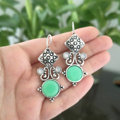 Light Green Round Stone Tribal Oxidised Silver Earrings