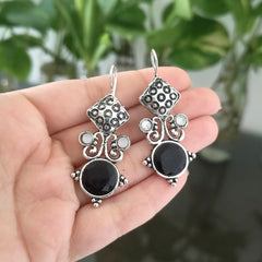Black Color Round Stone Tribal Oxidised Silver Earrings