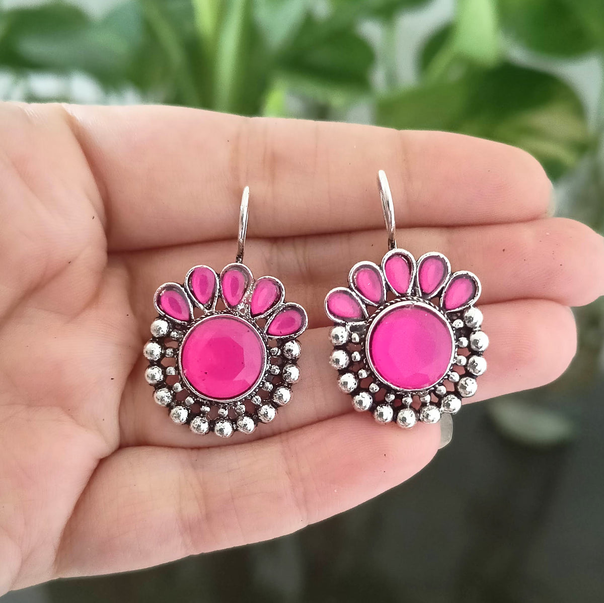 Pink Color Big & Small Stone Oxidised Silver Earrings
