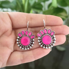 Pink Color Big & Small Stone Oxidised Silver Earrings