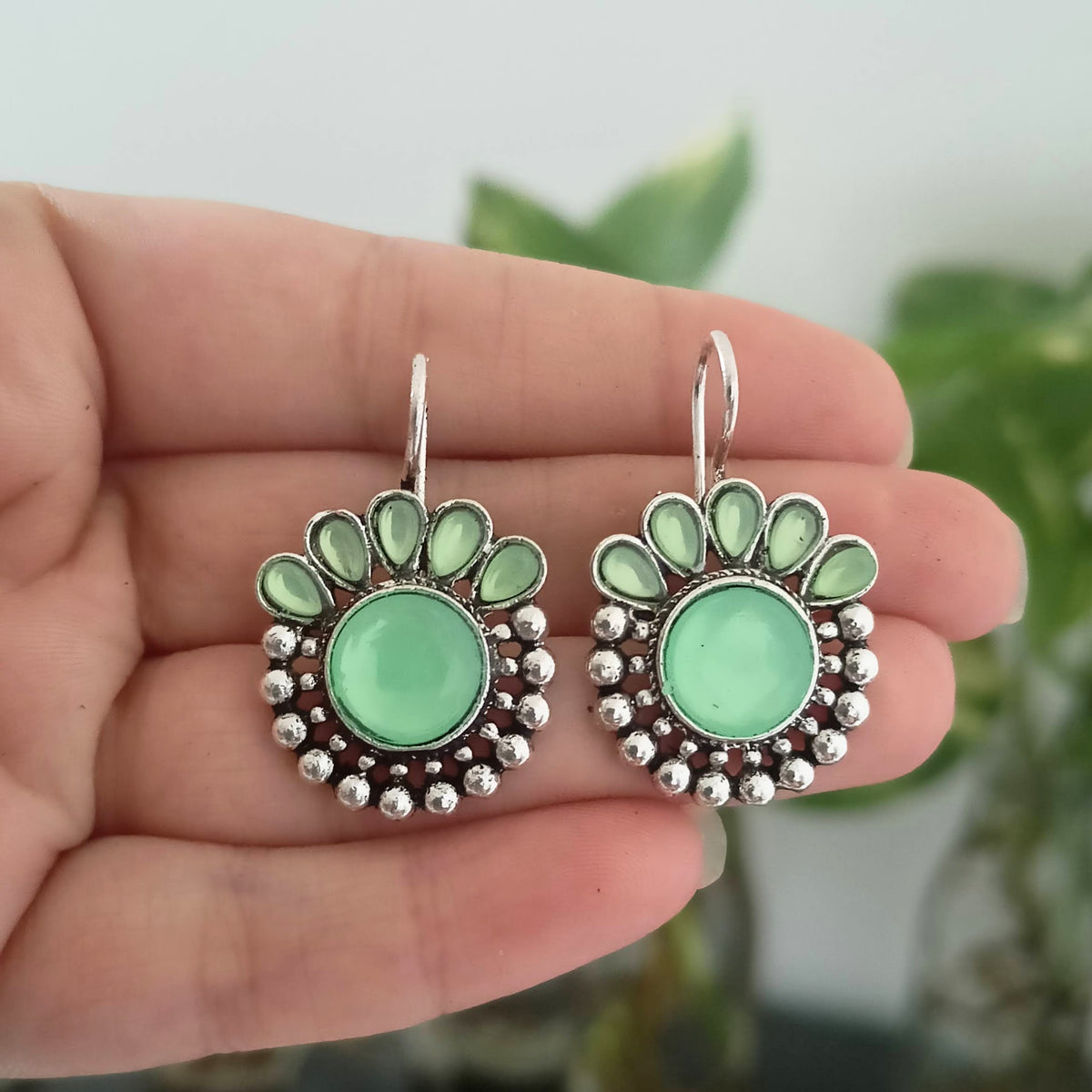 Green Color Big & Small Stone Oxidised Silver Earrings