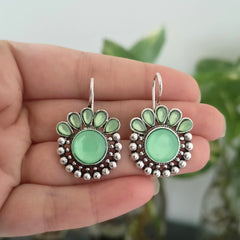 Green Color Big & Small Stone Oxidised Silver Earrings