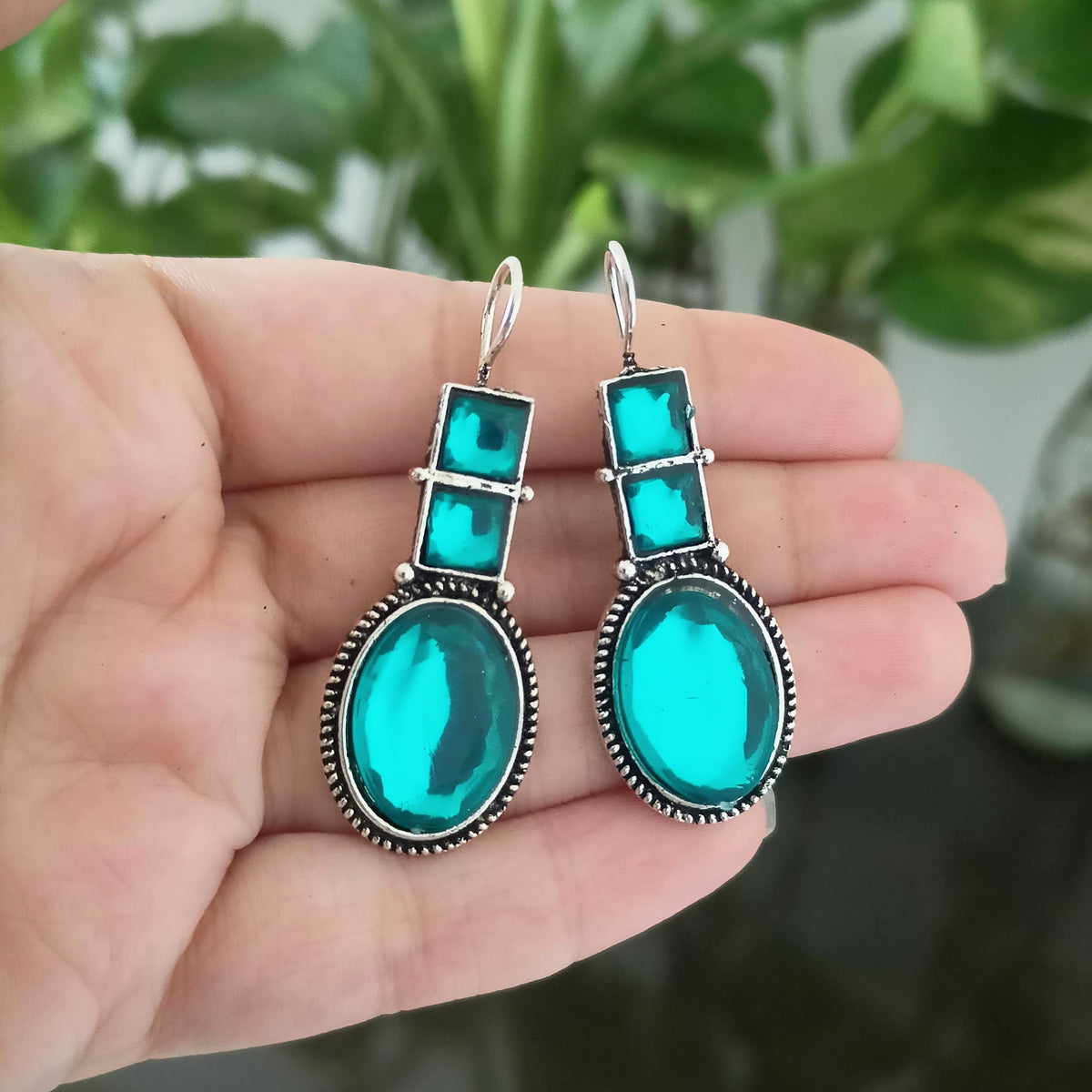 Emerald Green Oval Shape Stone Oxidised Silver Earrings