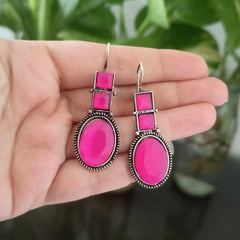 Pink Color Oval Shape Stone Oxidised Silver Earrings