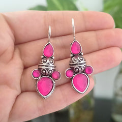 Pink Color Stone Banjara Style Oxidised Silver Earrings