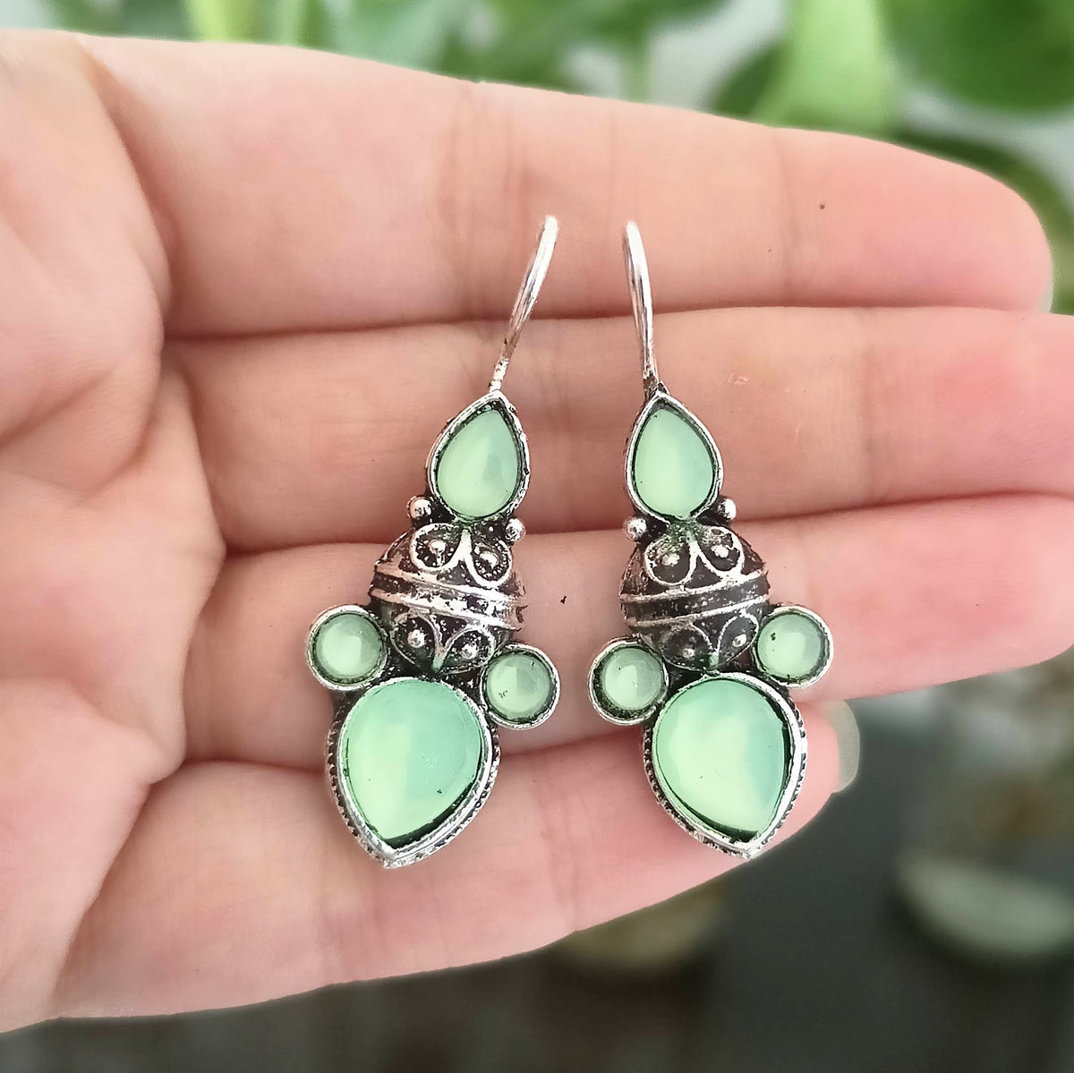 Green Color Stone Banjara Style Oxidised Silver Earrings