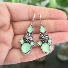 Green Color Stone Banjara Style Oxidised Silver Earrings
