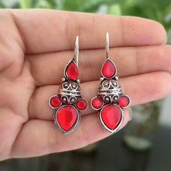 Red Color Stone Banjara Style Oxidised Silver Earrings