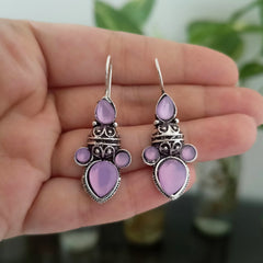 Purple Color Stone Banjara Style Oxidised Silver Earrings