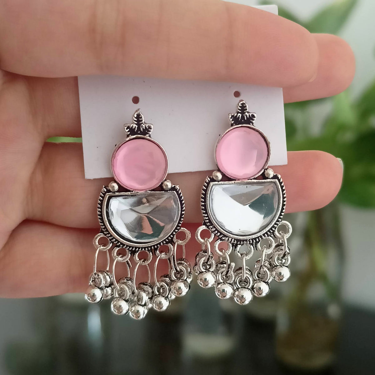 Baby Pink Color Stone Chaandbali Shape Oxidised Silver Earrings