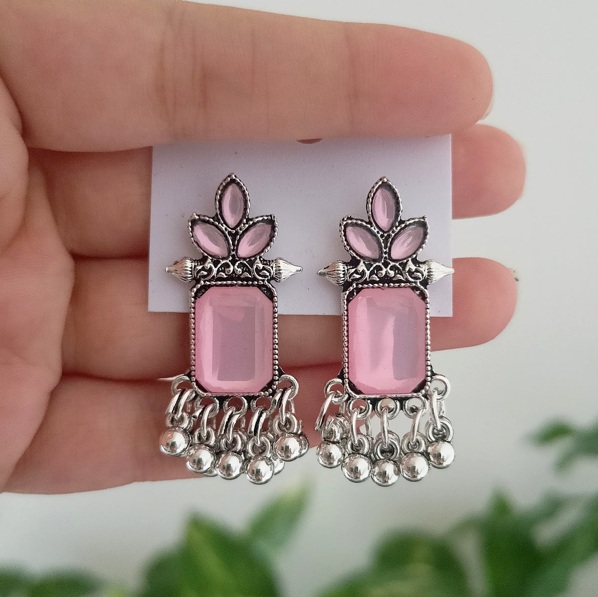 Baby Pink Color Stone Rectangle Shape Oxidised Silver Earrings