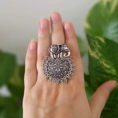 Elephant Shape Festive Season Silver Oxidised Adjustable Finger Ring