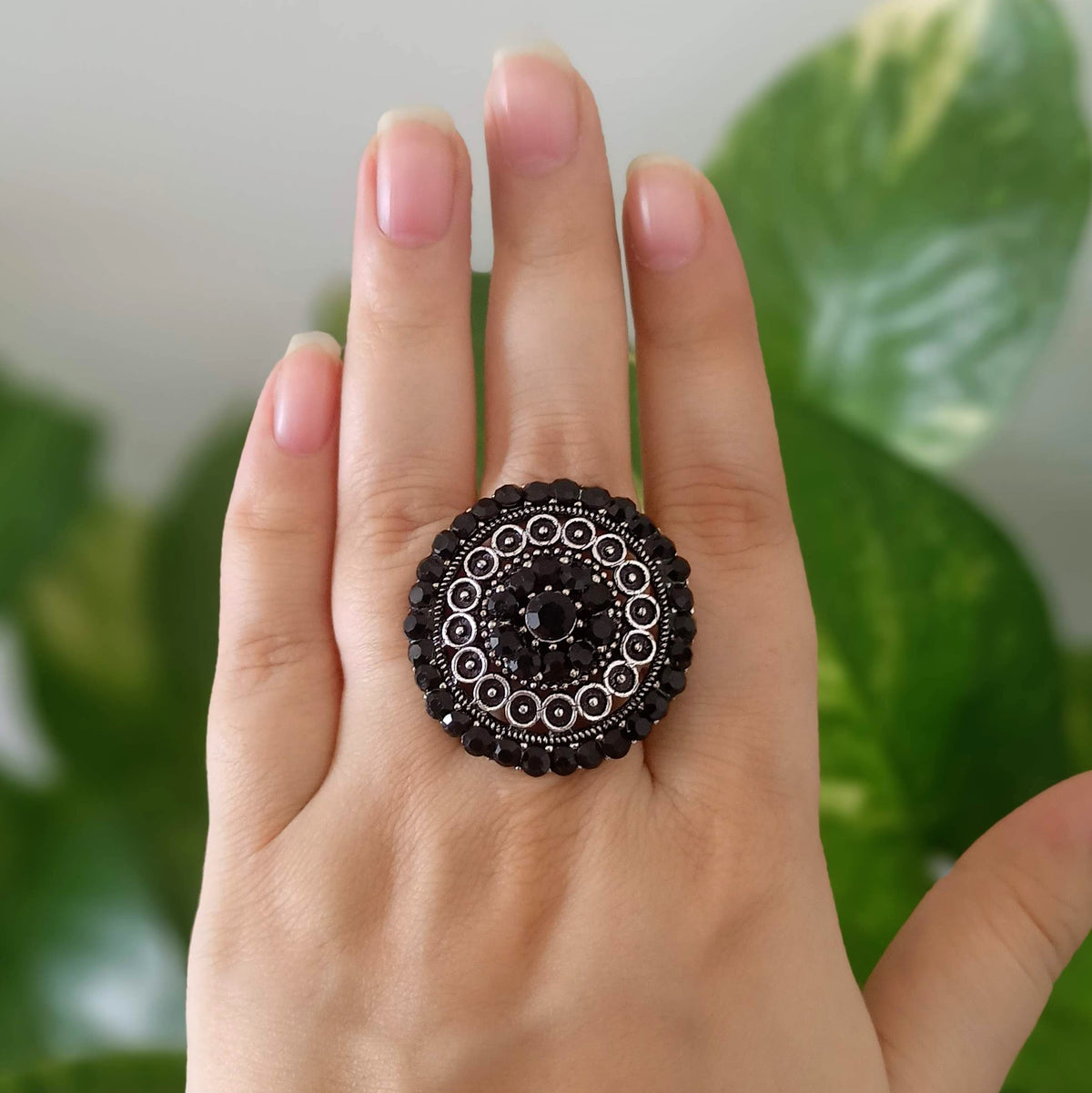Black Stone Round Festive Season Silver Oxidised Adjustable Finger Ring