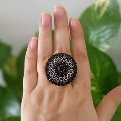 Black Stone Round Festive Season Silver Oxidised Adjustable Finger Ring